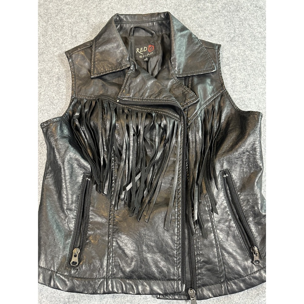 Red Snap Fringe Moto Vest Medium Black Faux Leather‎ Western Biker Style